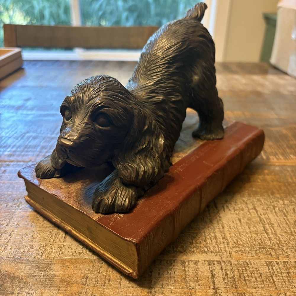 Vintage Cocker Spaniel Dog Bronze Sculpture On Book Art Deco Weighted